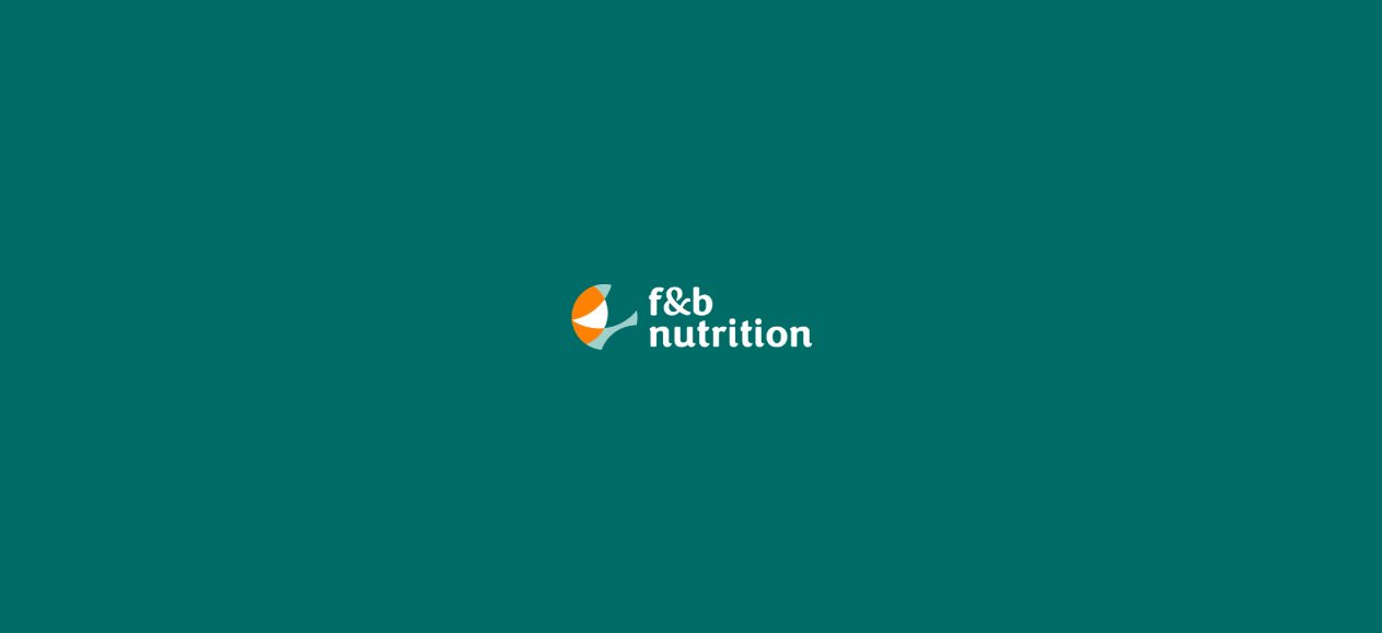 F&B Nutrition logo in white with an orange and pale teal emblem, on a deep teal background