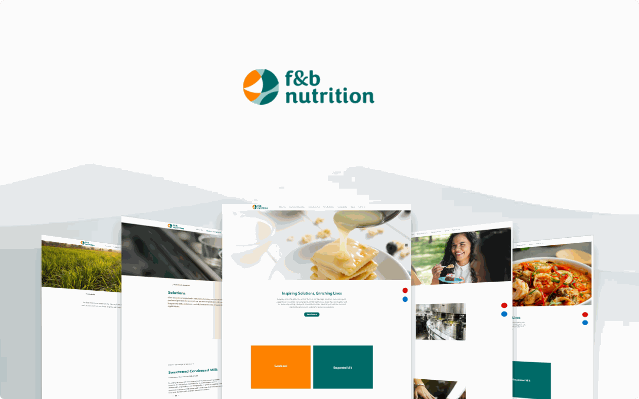 Five F&B Nutrition web pages side by side, including the homepage, solutions and sustainability pages