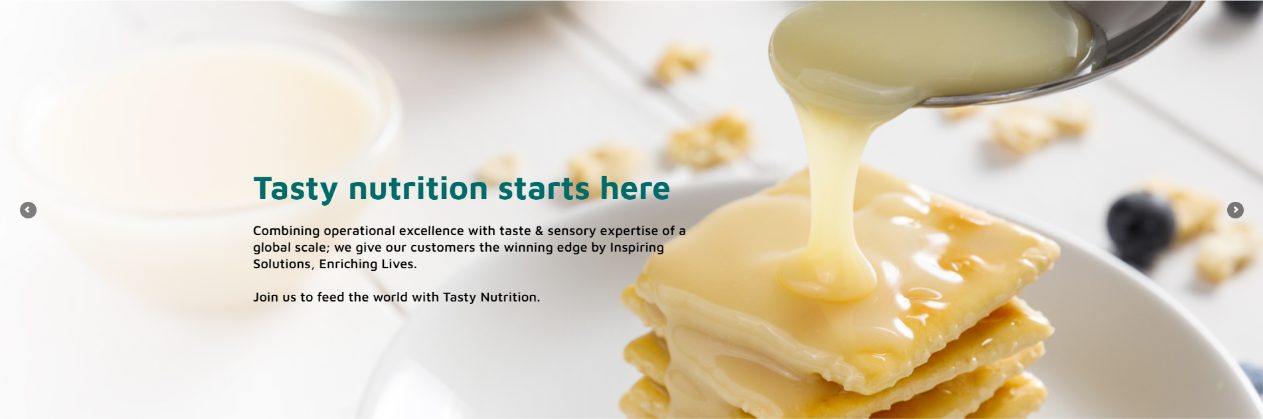 F&B Nutrition homepage slider reading Tasty nutrition starts here, with condensed milk poured over crackers