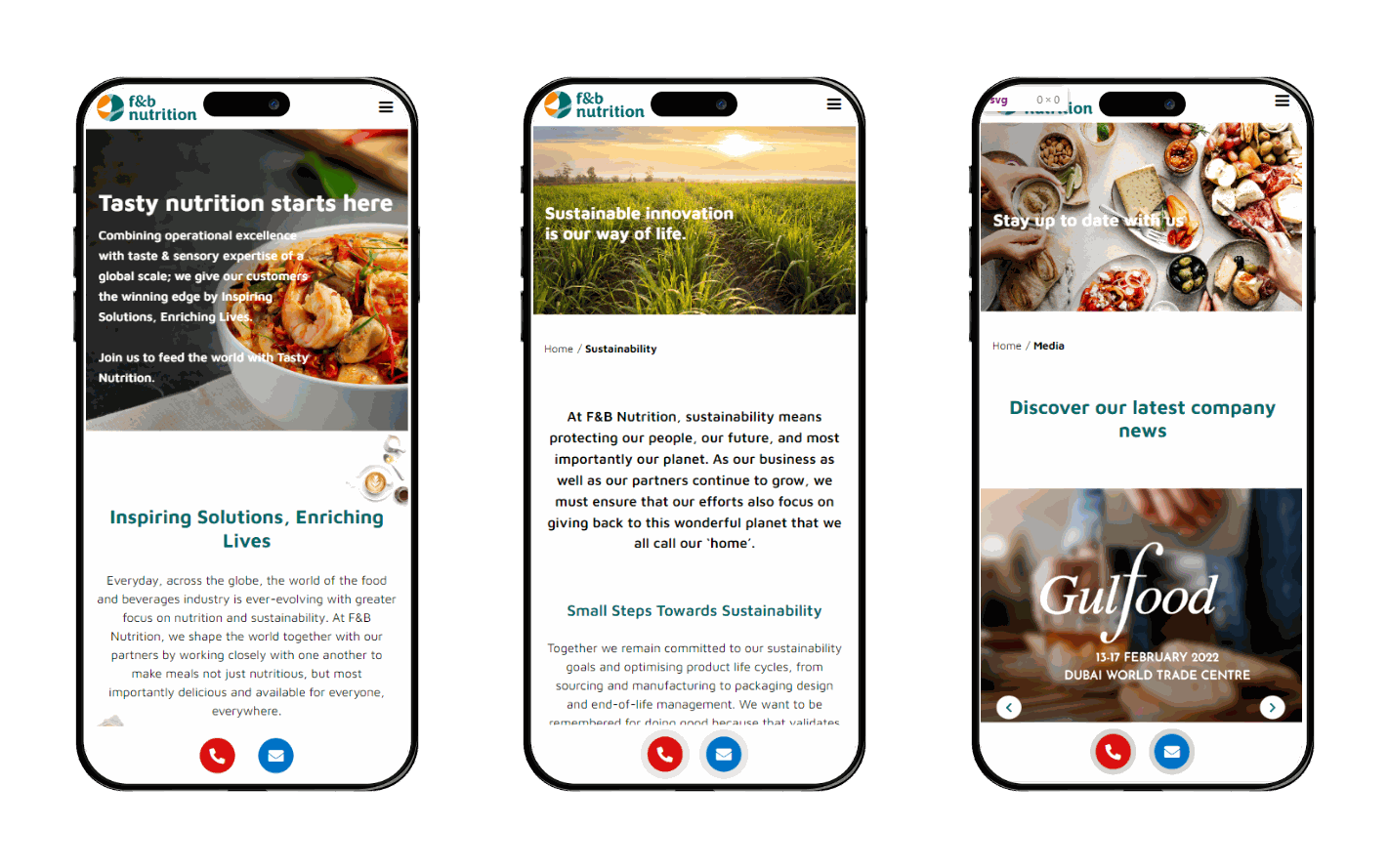 Three phones showing the F&B Nutrition mobile homepage, sustainability page and company news page