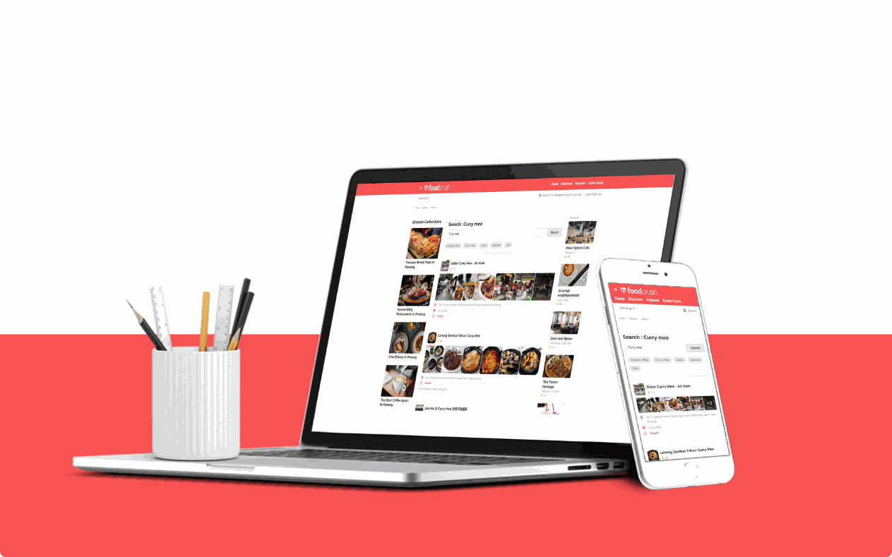 Food Crush search results for curry mee on a laptop and phone, with photo strips and a Browse Collections sidebar