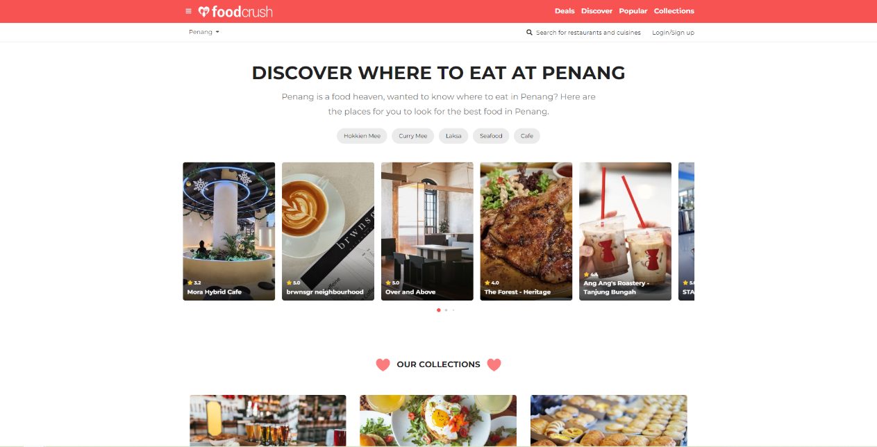Food Crush homepage headed Discover where to eat at Penang, with cuisine chips and a carousel of rated restaurant cards