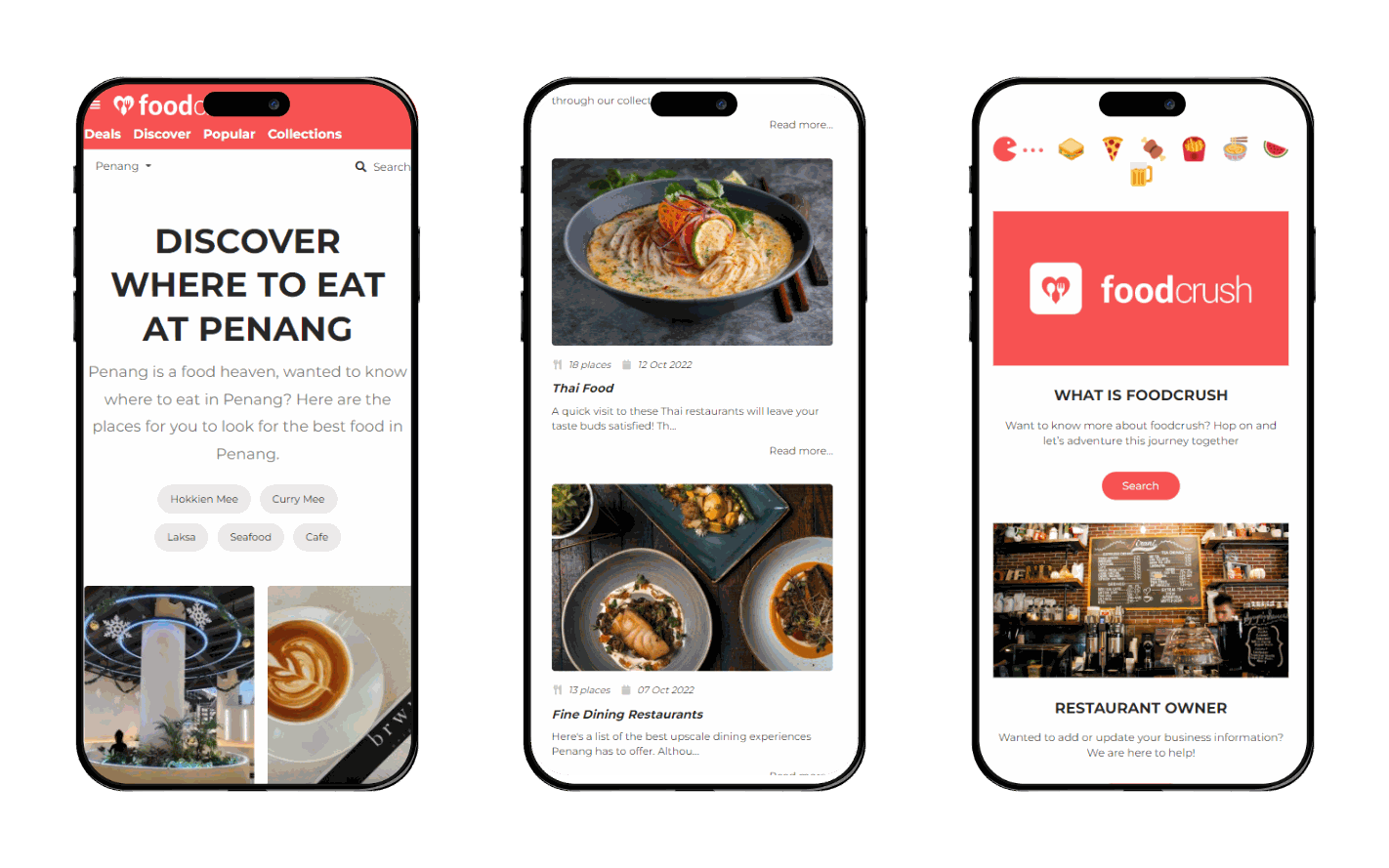 Three Food Crush phone screens: the Penang homepage, Thai food and fine dining collections, and a page for restaurant owners
