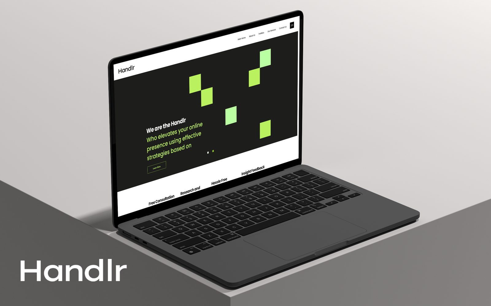 Handlr homepage hero on a laptop, with the headline We are the Handlr and floating lime pixel blocks