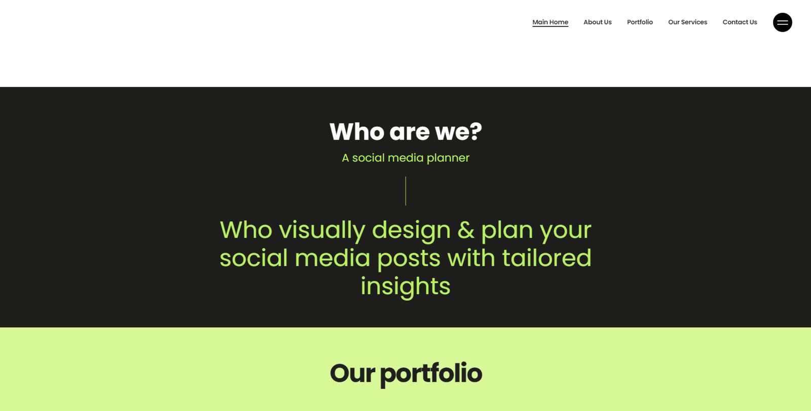 Handlr Who are we section on a black band, with the main navigation above and the portfolio heading below