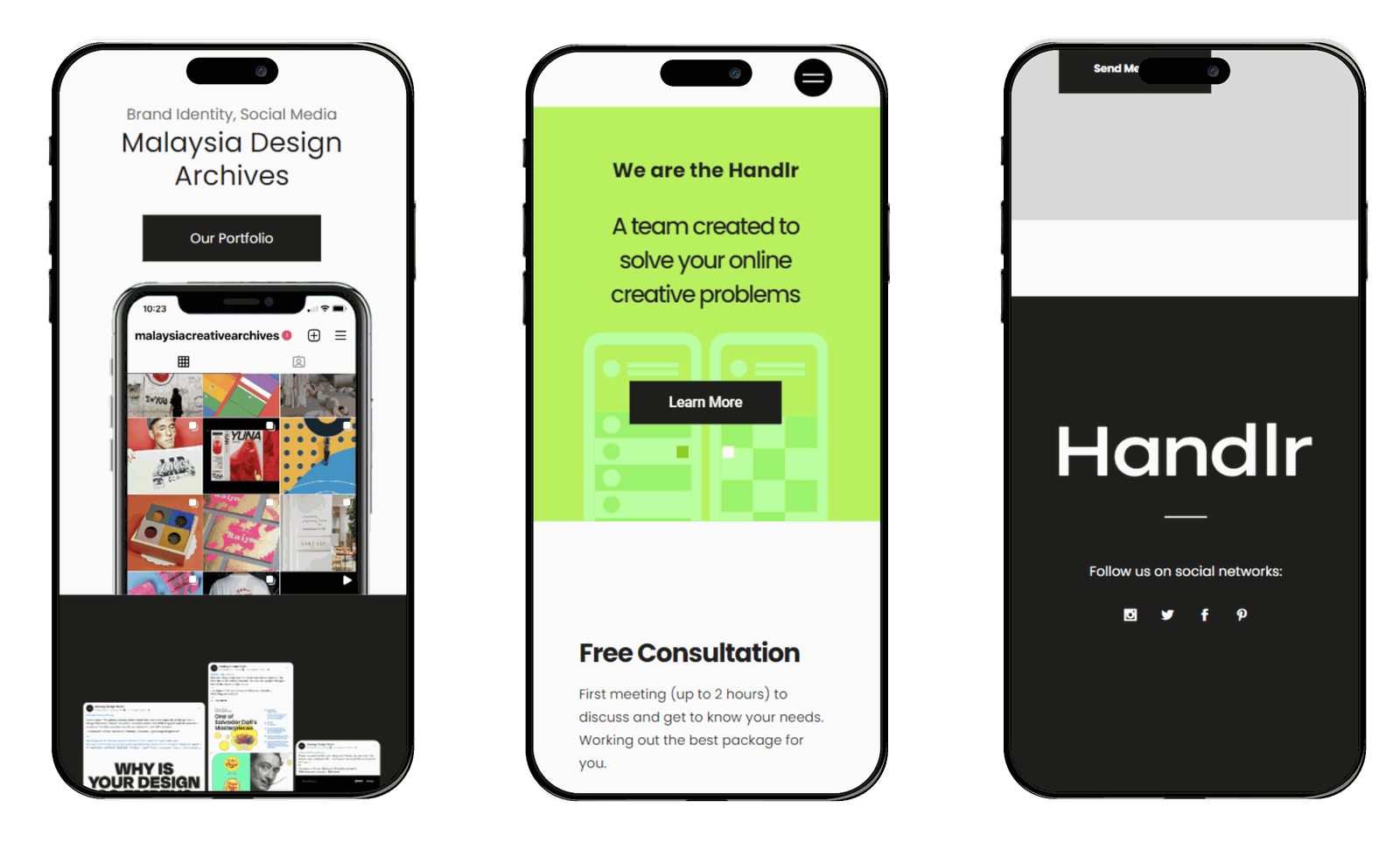 Three phone screens of the Handlr mobile site showing the portfolio, the Free Consultation step and the footer