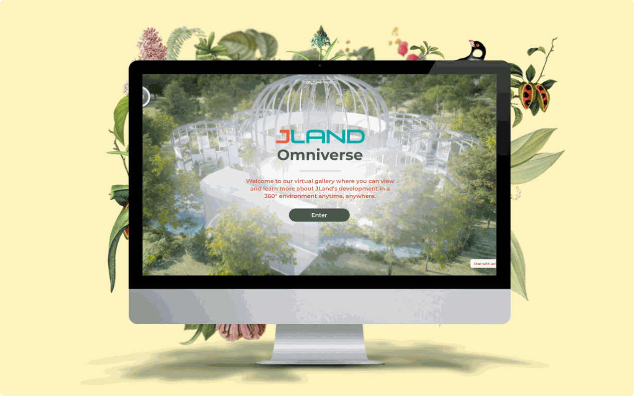 Jland Omniverse virtual gallery welcome screen with an Enter button, shown on an iMac on a pale yellow background