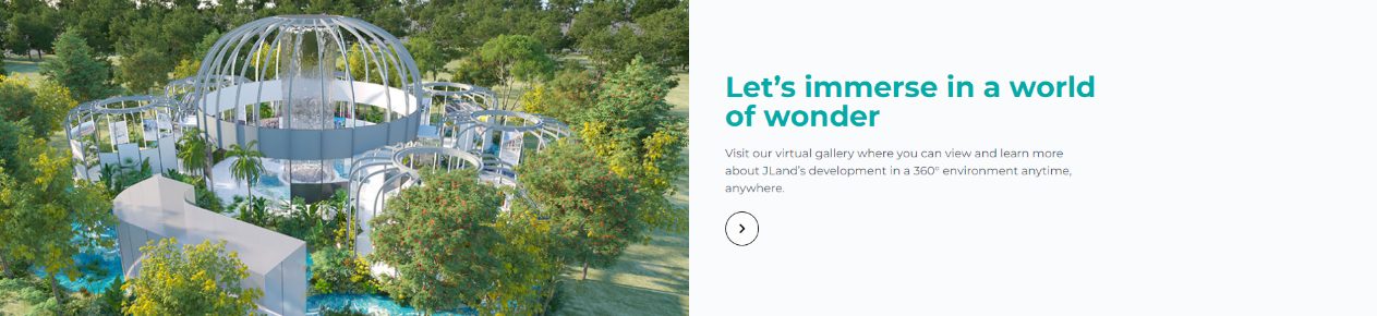 Jland section headed Let's immerse in a world of wonder, beside an aerial render of a domed glass pavilion in a garden