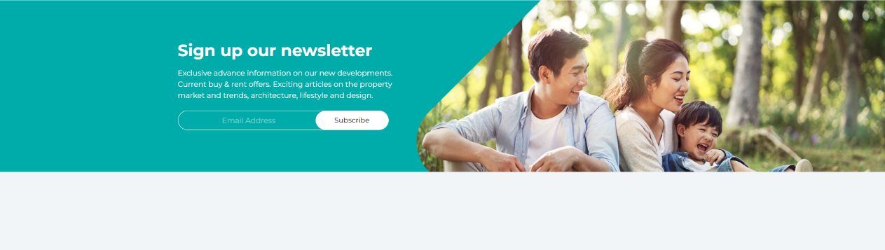 Jland newsletter sign-up band in teal, with an email field and a photo of a smiling family in a park
