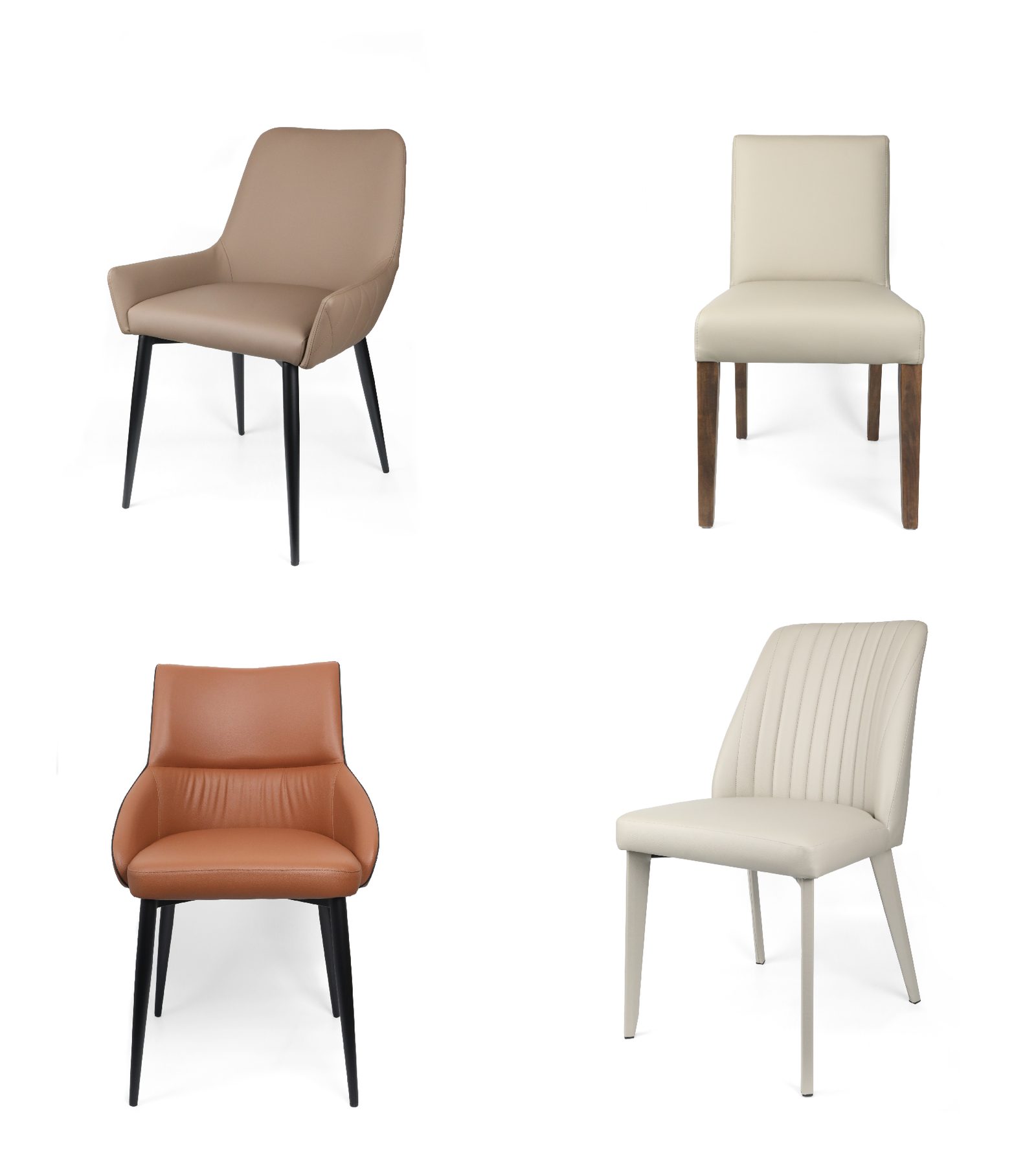 Four KAMAY dining chairs in taupe, cream and tan leather, each photographed on a clean white studio backdrop