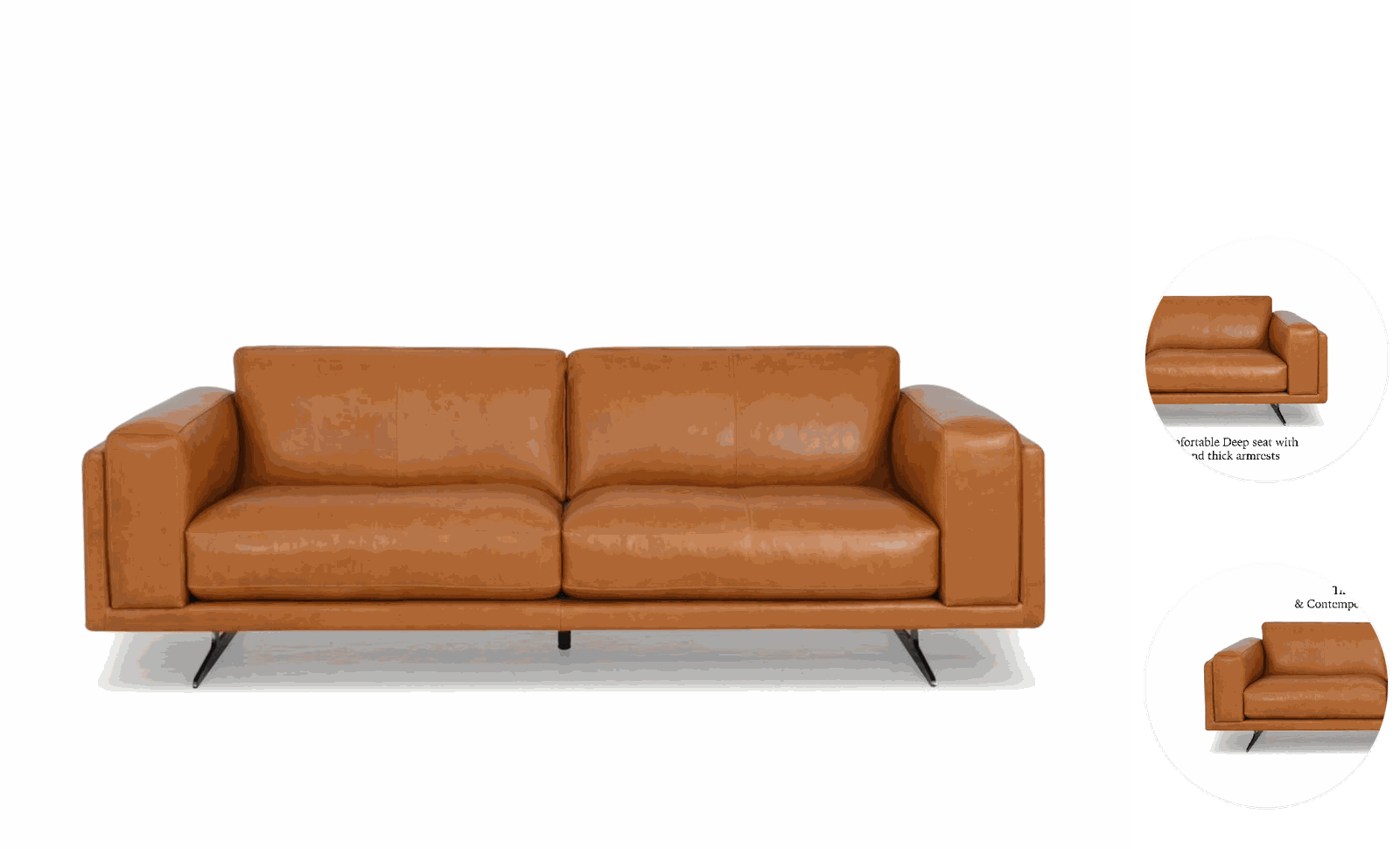 Tan leather KAMAY three-seater sofa with circular close-ups of the deep seat and thick armrests