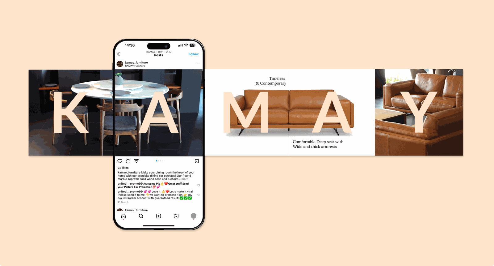 Phone showing a KAMAY Instagram post, with the swipeable carousel extending beyond the screen across five panels