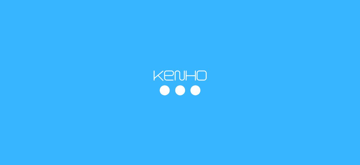 Kenho logo in thin white lettering above three white dots, on a sky-blue background