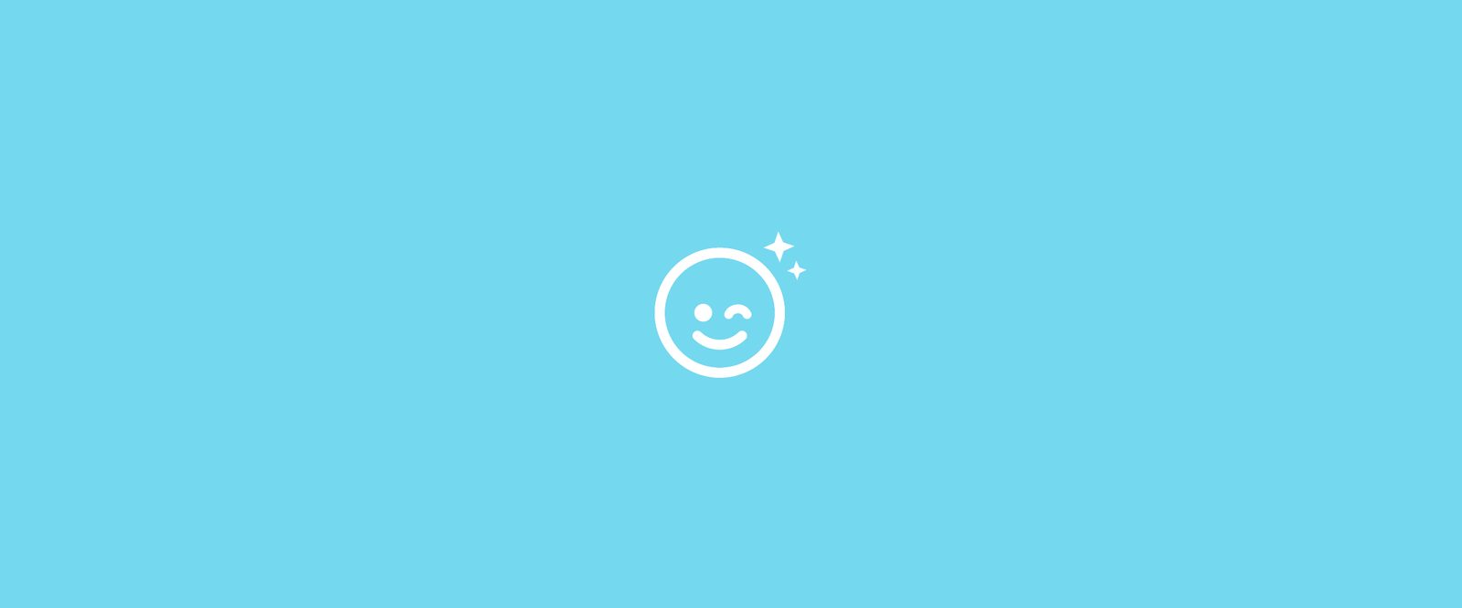 Lazy winking smiley logo with two sparkles, in white on a sky-blue background