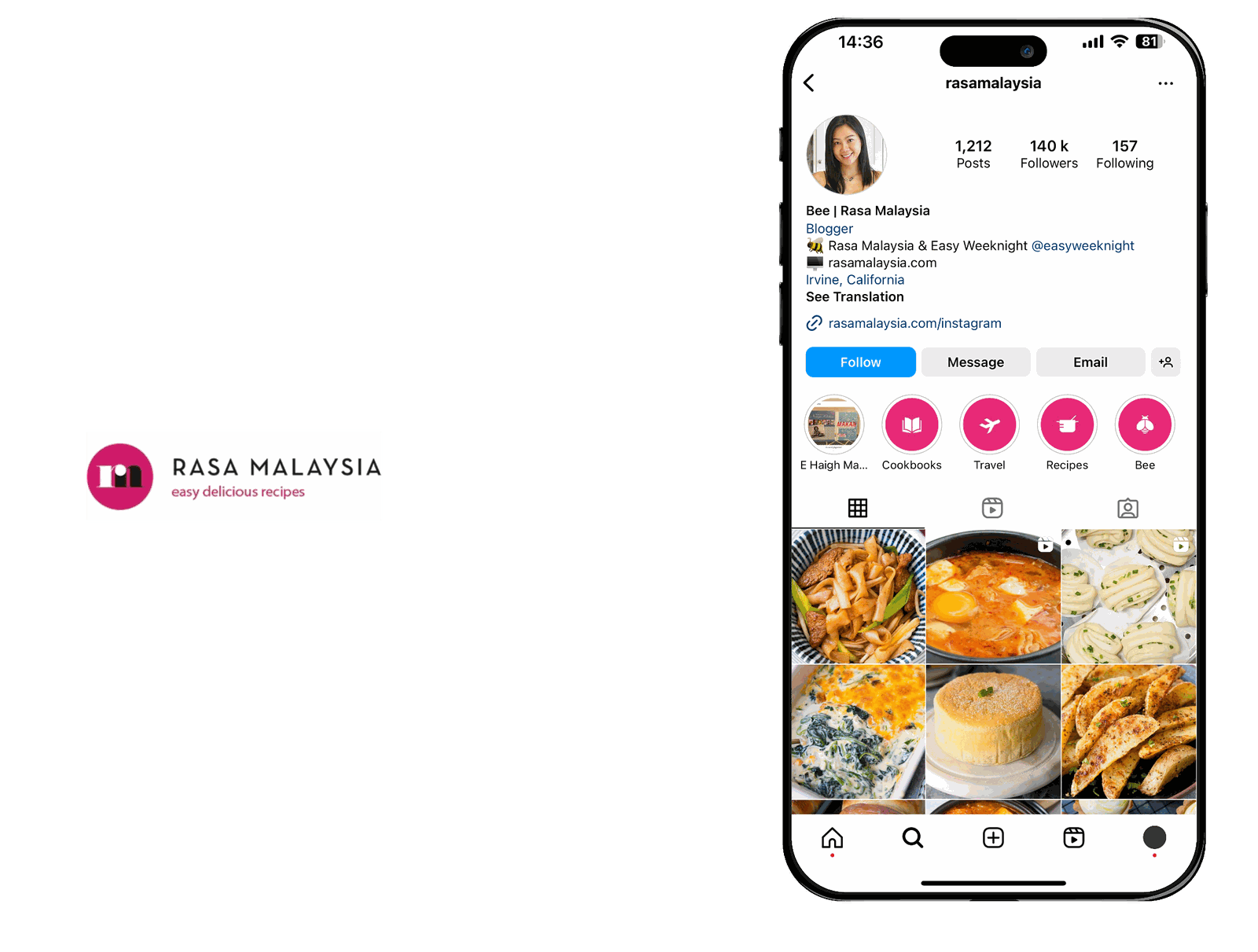 Rasa Malaysia Instagram profile on a phone, with Cookbooks, Travel and Recipes highlights above a grid of dish photos