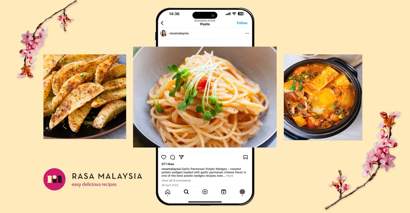 Rasa Malaysia Instagram post for garlic parmesan potato wedges, shown with pasta and stew photos on a pale yellow background