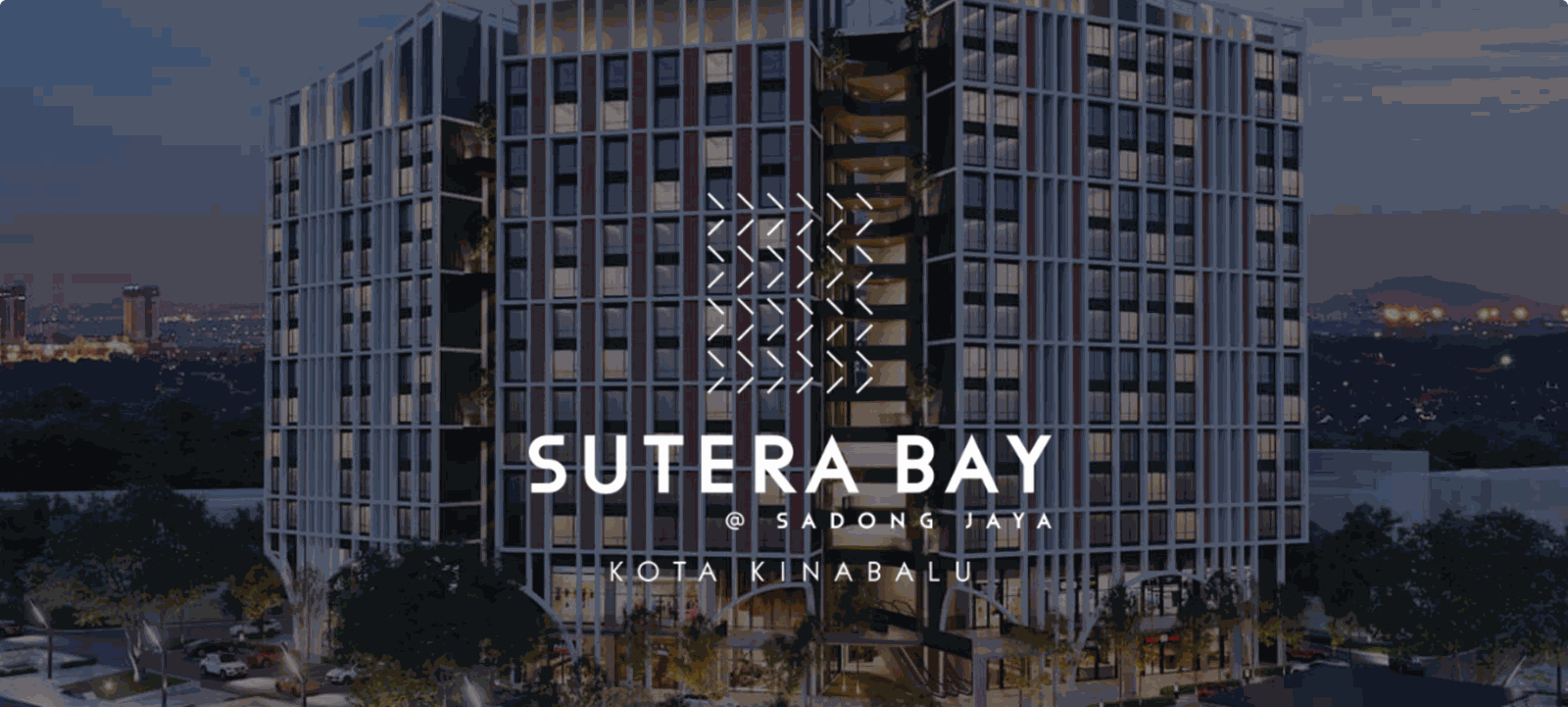 Night-time render of the Sutera Bay tower with the Sutera Bay @ Sadong Jaya, Kota Kinabalu logo laid over it