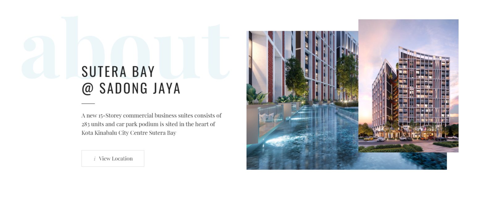 Sutera Bay about section with a faint about watermark, a short project summary, a View Location button and pool renders