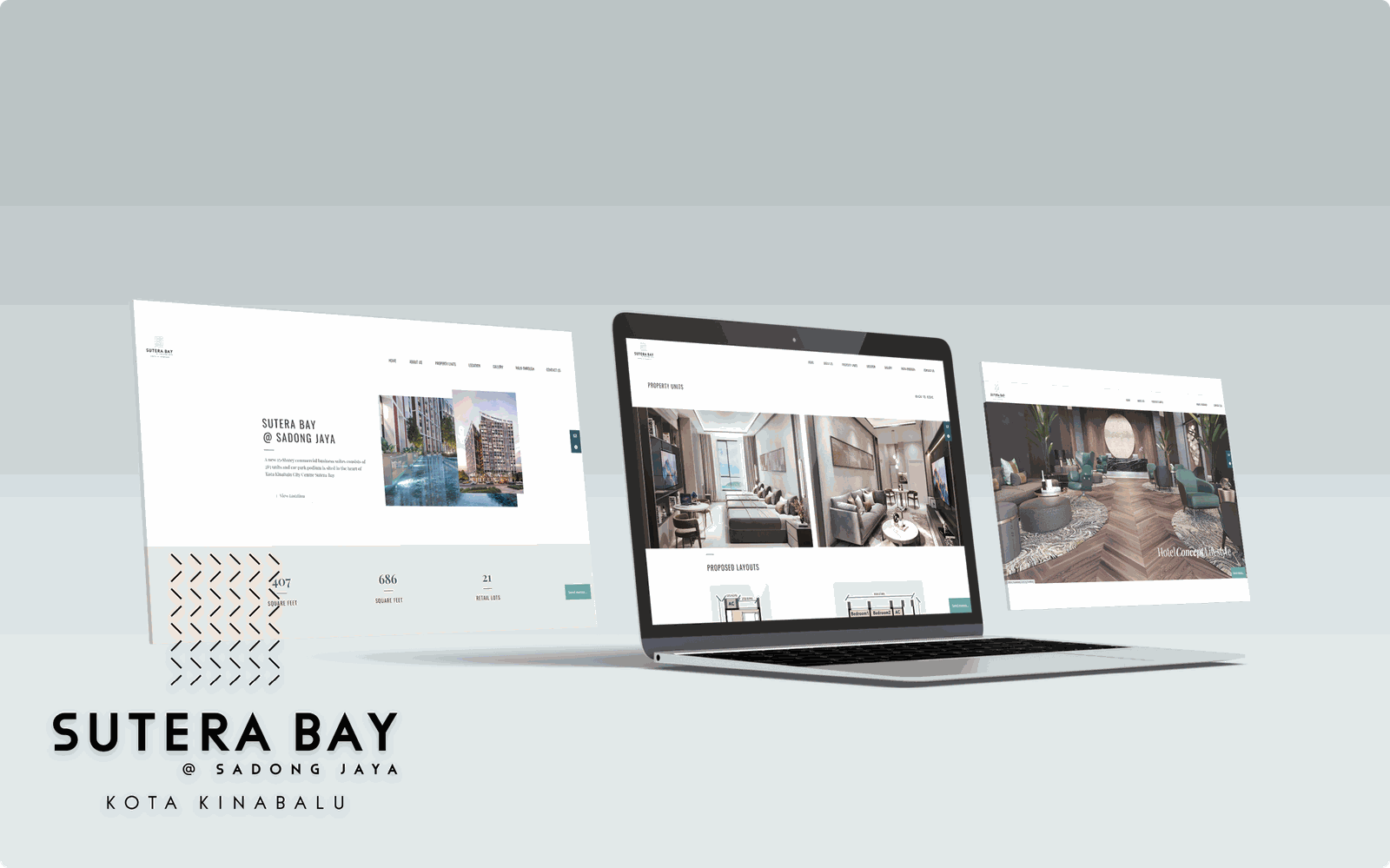 Sutera Bay website pages for the homepage, property units and proposed layouts, presented across three screens