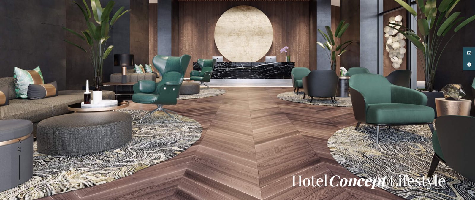 Sutera Bay Hotel Concept Lifestyle slide showing a lobby render with green armchairs and a herringbone floor