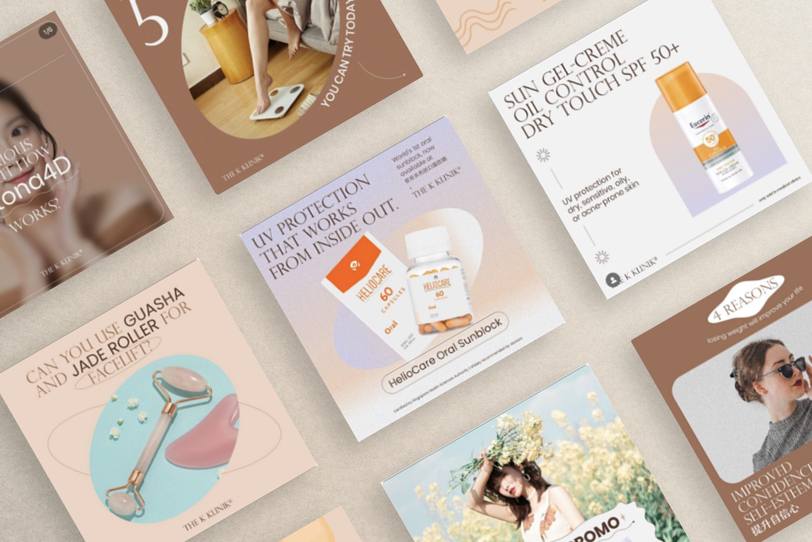 Angled flat-lay of The K Klinik Instagram posts on oral sunblock, SPF 50+ gel-creme, jade rollers and weight-loss tips