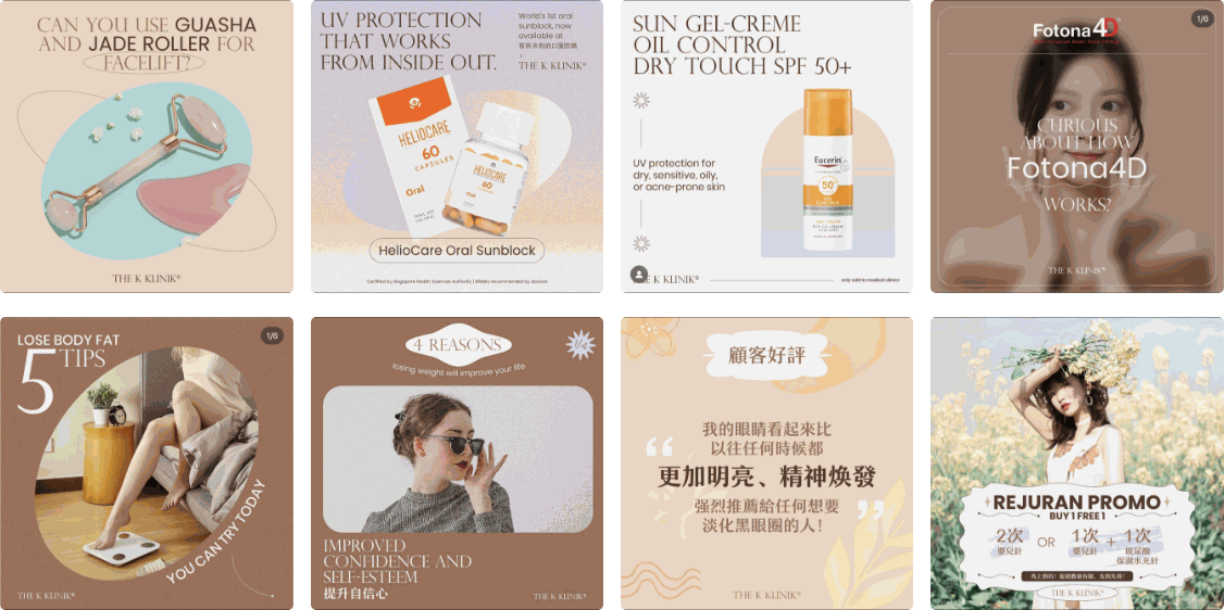 Grid of eight The K Klinik posts, including a Fotona4D explainer, body-fat tips, a Chinese customer review and a promo