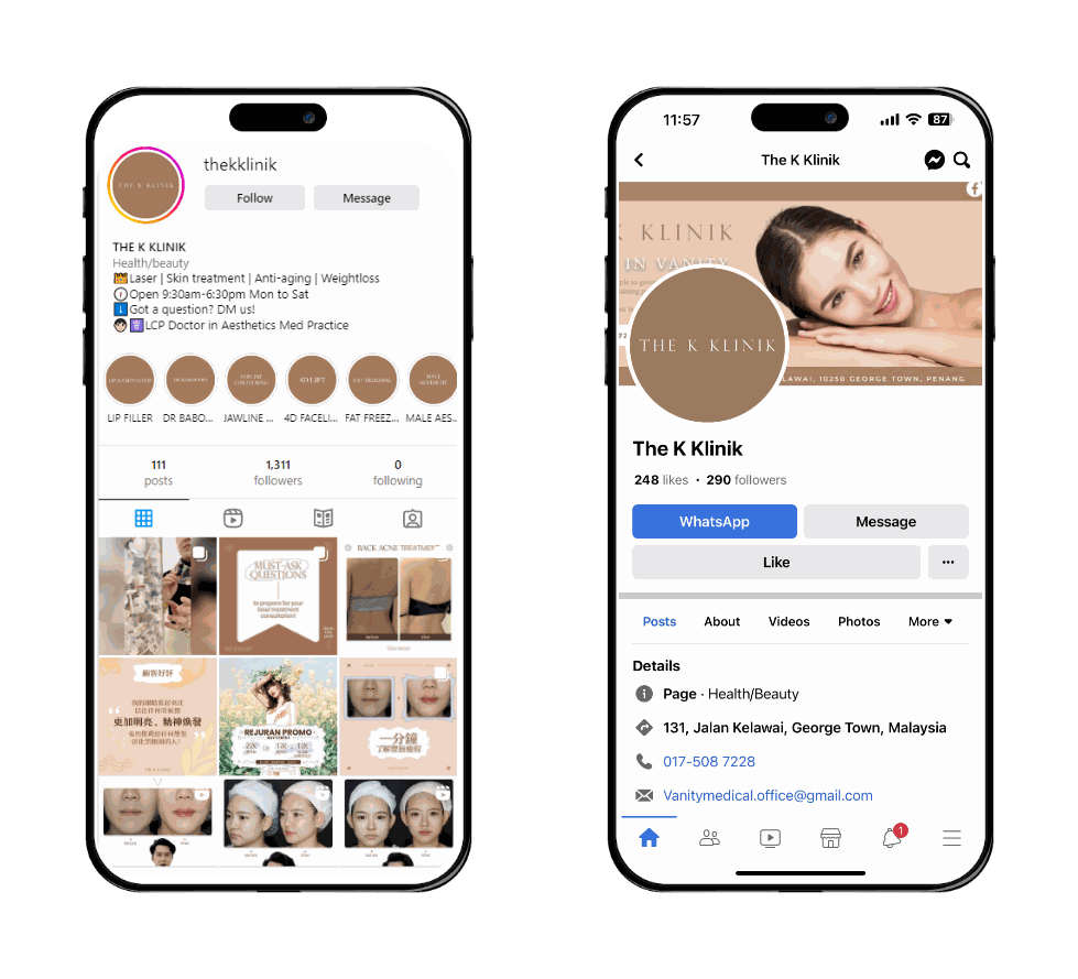 The K Klinik Instagram profile with treatment highlights next to its Facebook page with a WhatsApp button