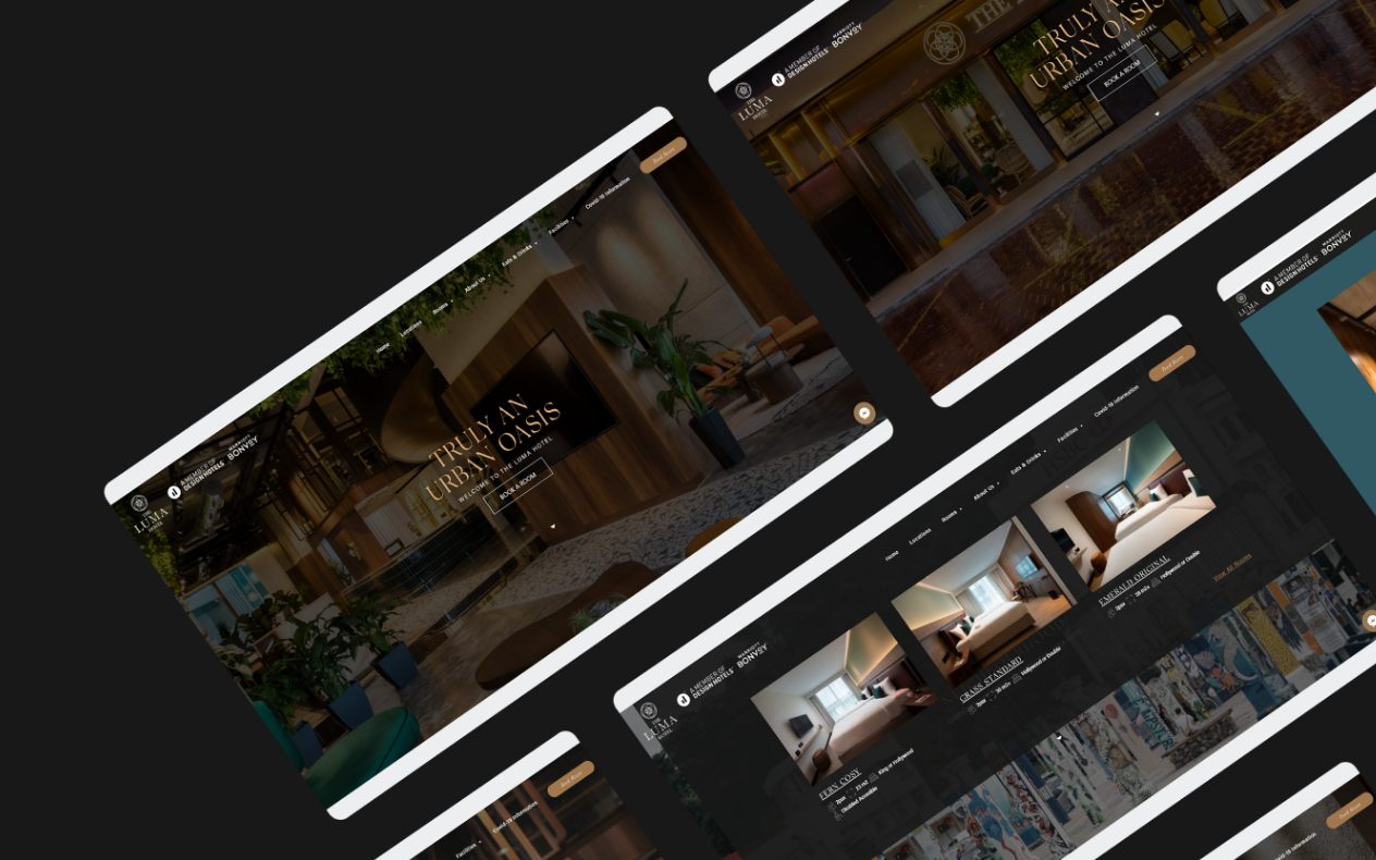 Angled The Luma Hotel pages, including the lobby hero, the exterior at night and room cards for Fern, Grass and Emerald