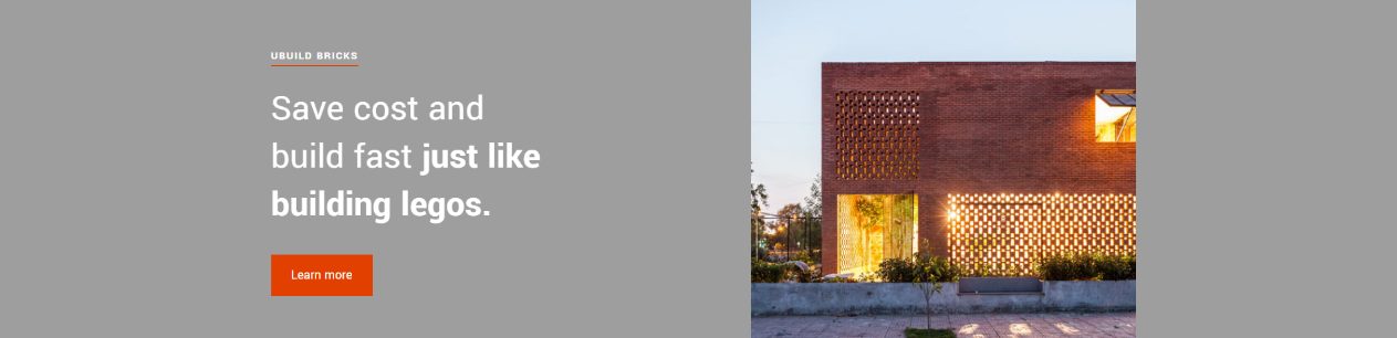 Ubuild banner reading Save cost and build fast just like building legos, beside a brick house at dusk