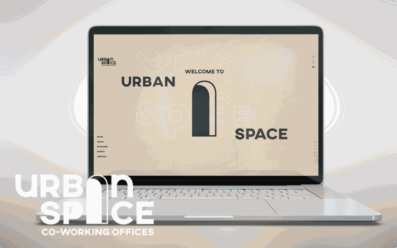 Urban Space homepage on a laptop, with bold URBAN and SPACE lettering around a dark arch and a vertical side menu
