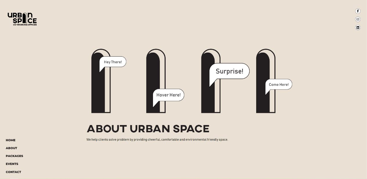 Urban Space about section with four arched doorways and speech bubbles saying Hey There, Hover Here, Surprise and Come Here