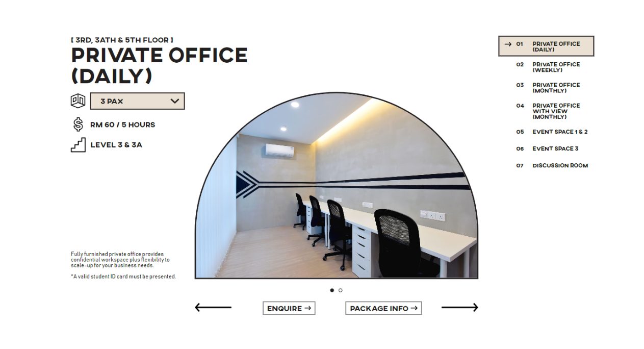 Urban Space private office package page with an arch-framed photo, a pax selector, price, floor level and a list of seven packages