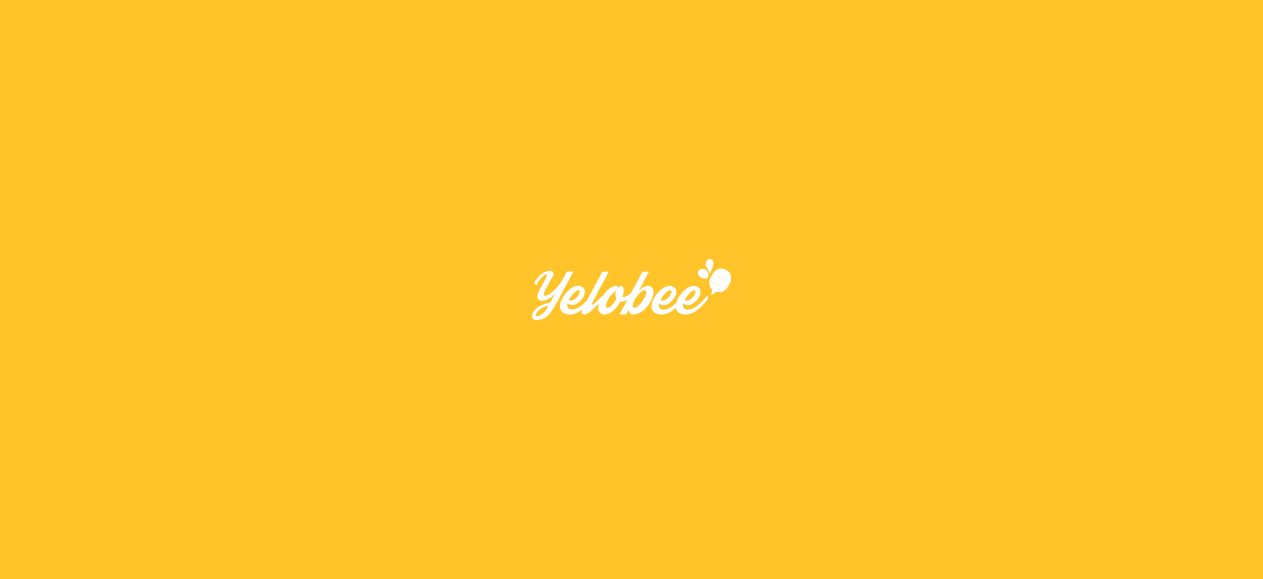 Yelobee script wordmark in white with a small bee and wings, reversed out of a golden-yellow background