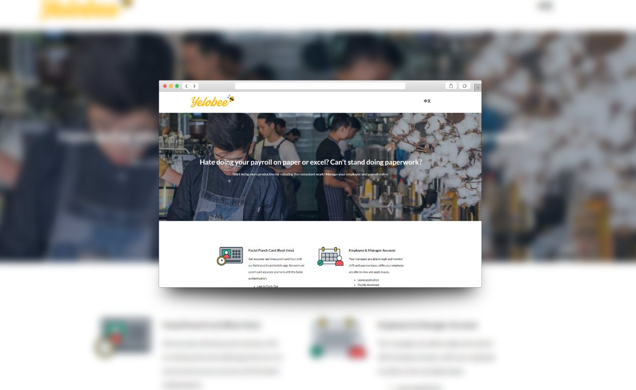 Yelobee logo in the header of the Yelobee website in a browser window, above a payroll headline and feature icons