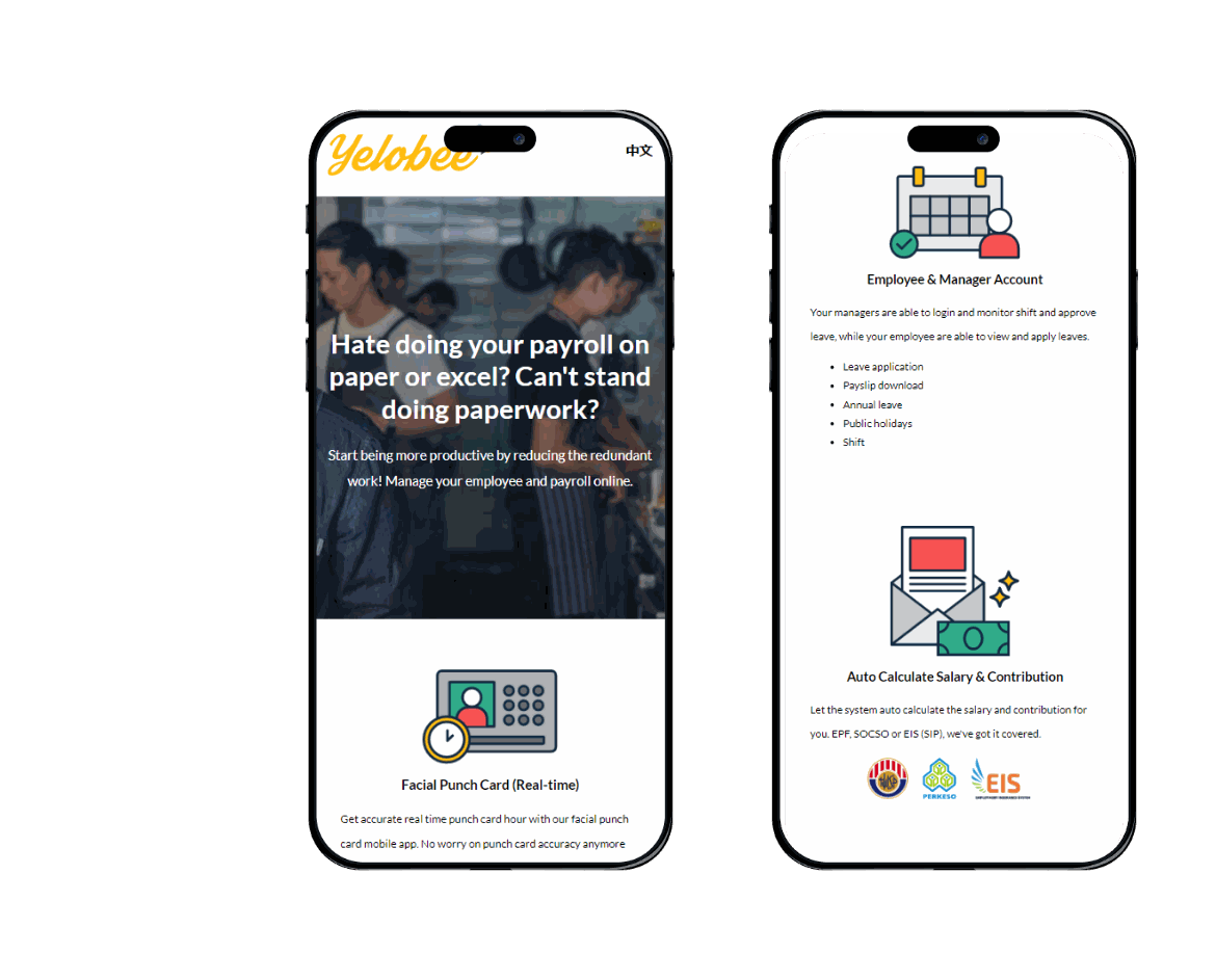 Two phone screens showing the Yelobee mobile site, with the logo, a payroll headline and illustrated feature sections