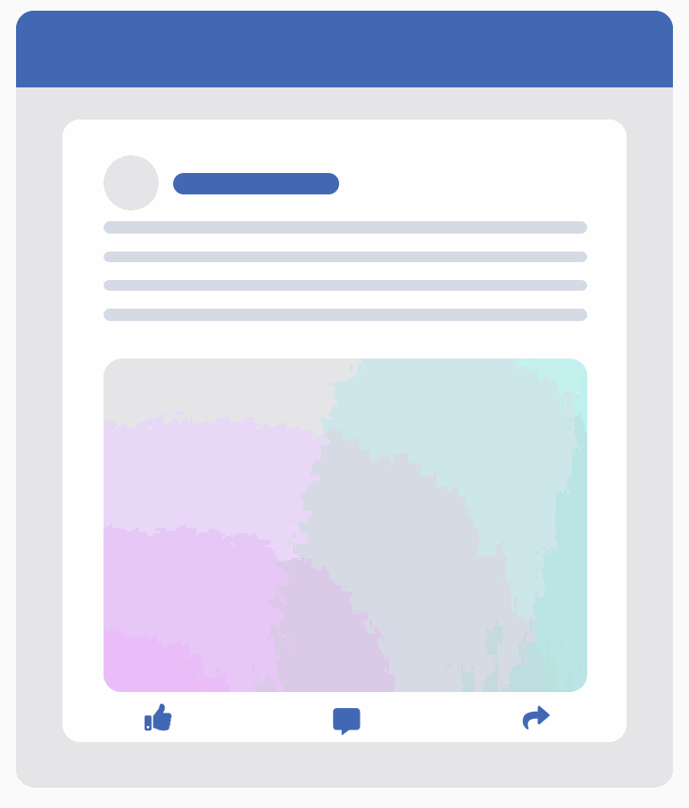 Illustration of a Facebook-style post card with like, comment and share buttons, representing Facebook ads Malaysia