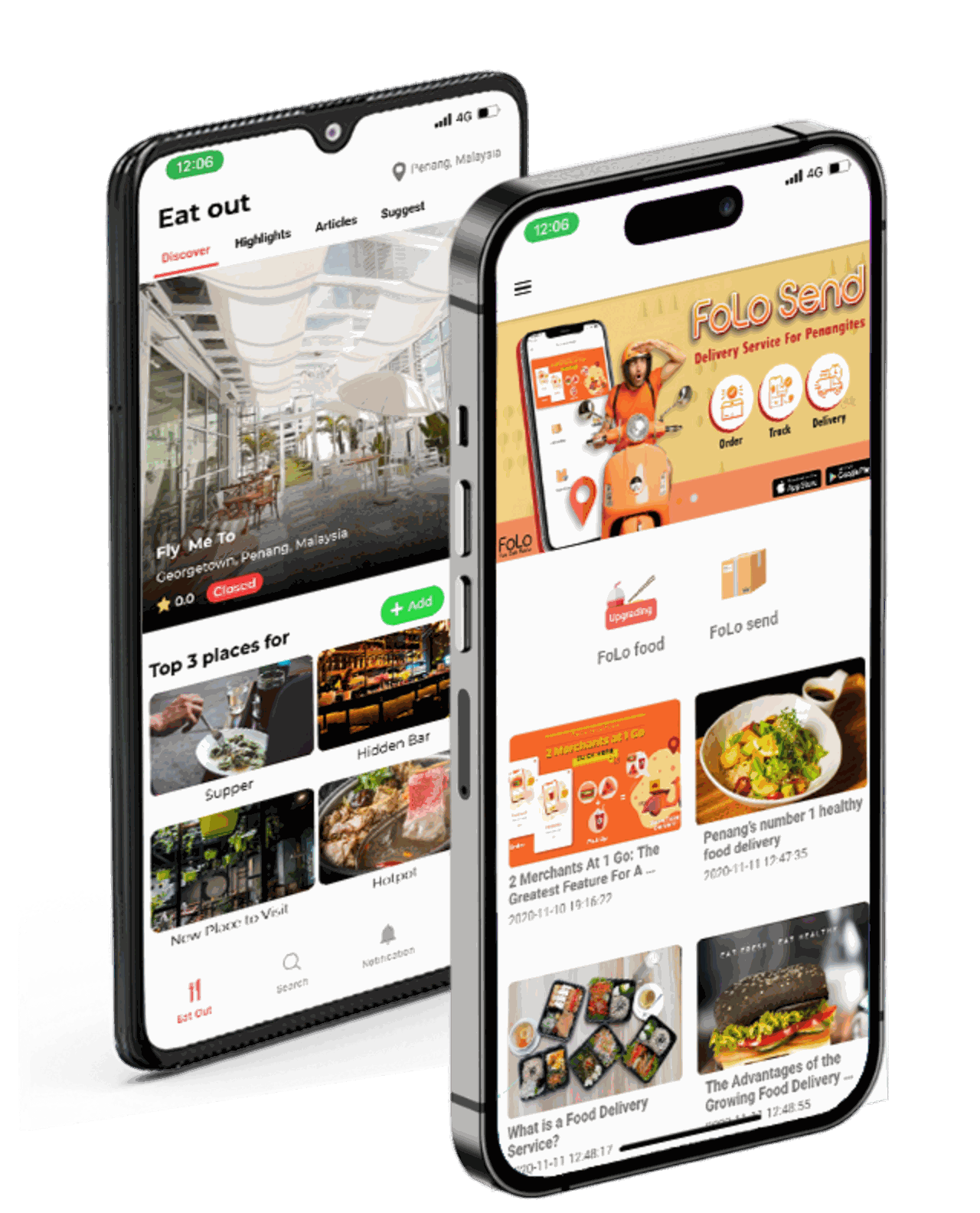 Two phones showing food ordering app screens, an example of the mobile apps our digital agency in Penang designs and builds