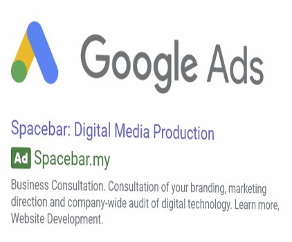 Google Ads logo above an example Spacebar text ad, illustrating search ads from an SEM agency Malaysia