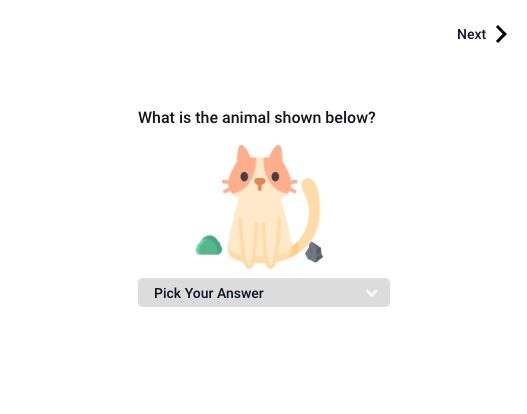 Quiz screen with answers hidden in a dropdown and a small Next link in the corner, an example of poor UI/UX