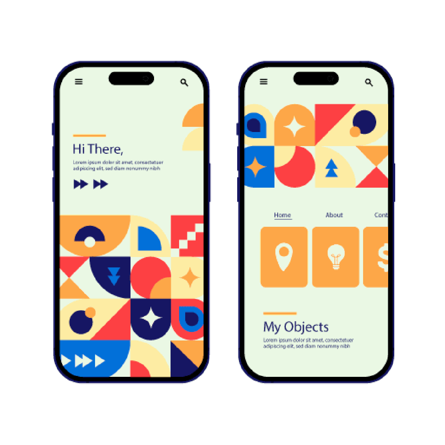 Two colourful mobile app screens with geometric artwork, showing UI UX design Malaysia work by Spacebar
