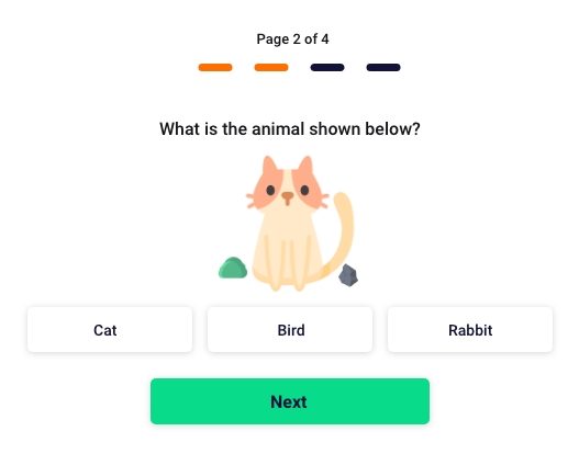 Quiz screen with a progress bar, three visible answer buttons and a large green Next button, an example of good UI/UX