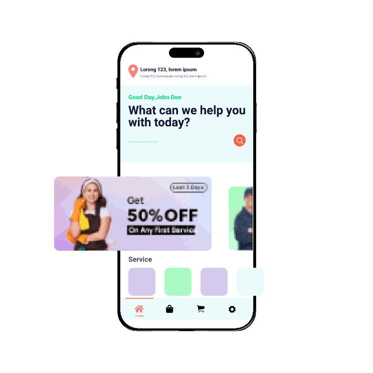 High-fidelity mobile app design for a home services booking app with a greeting, search, promotion banner and service categories