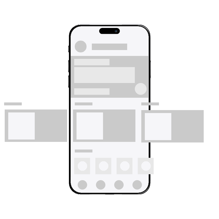 Grey low-fidelity wireframe of a mobile app home screen with placeholder blocks, an early UI UX design Malaysia stage
